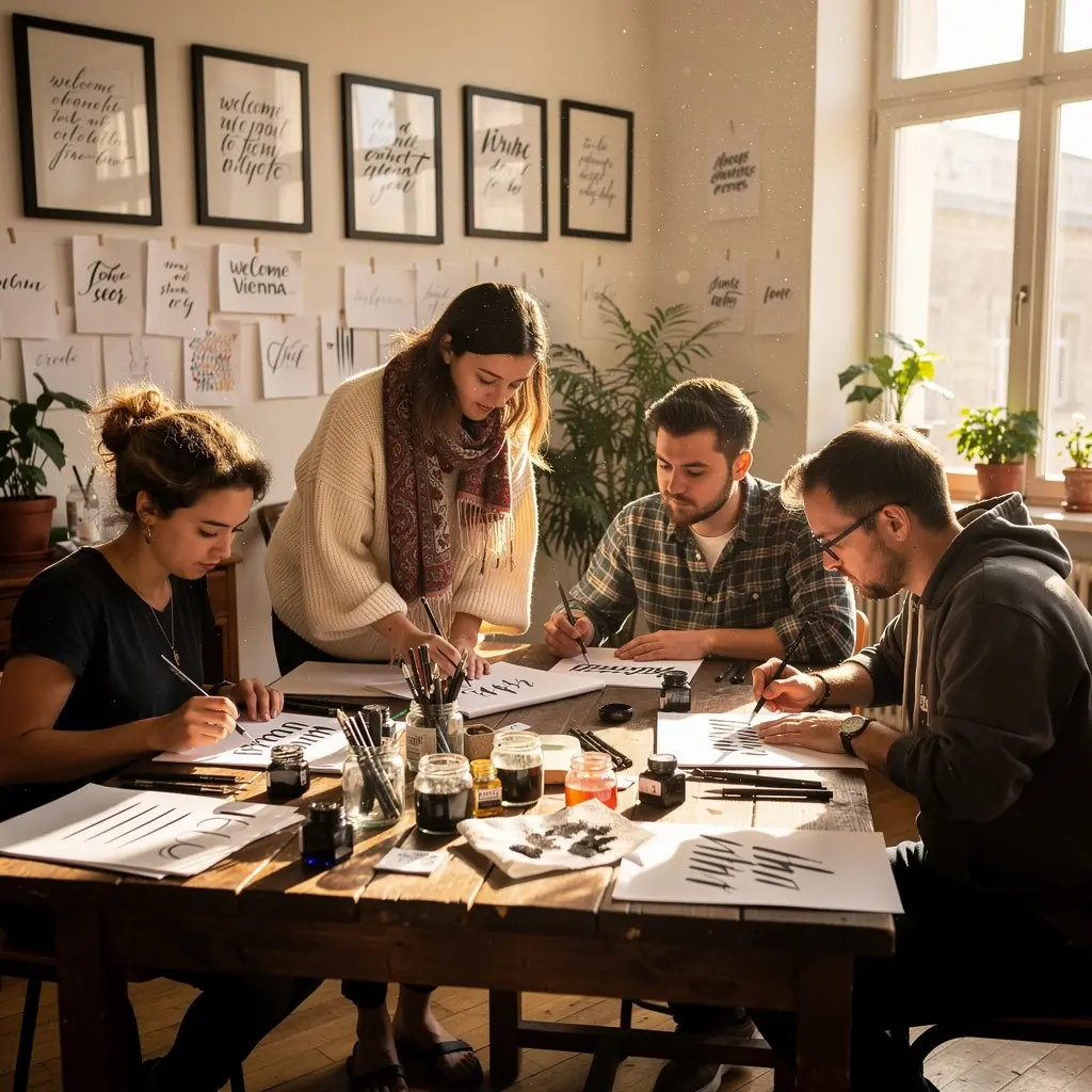 Ein Notizbuch mit kalligraphischen Übungen und Beispielen.