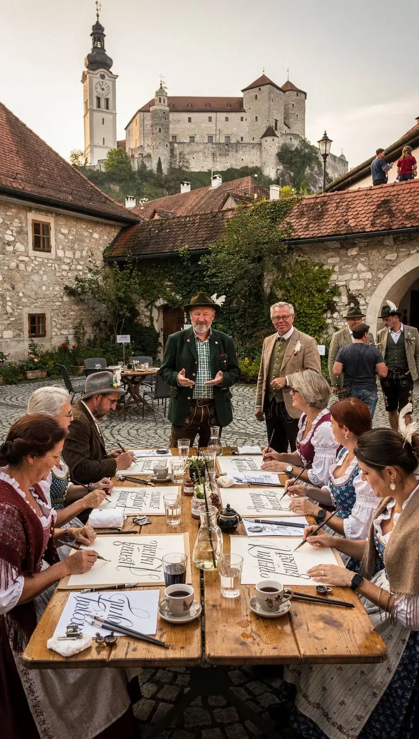 Eine Hand, die mit einem Pinselstift kunstvolle Buchstaben auf einem Aquarellhintergrund malt.