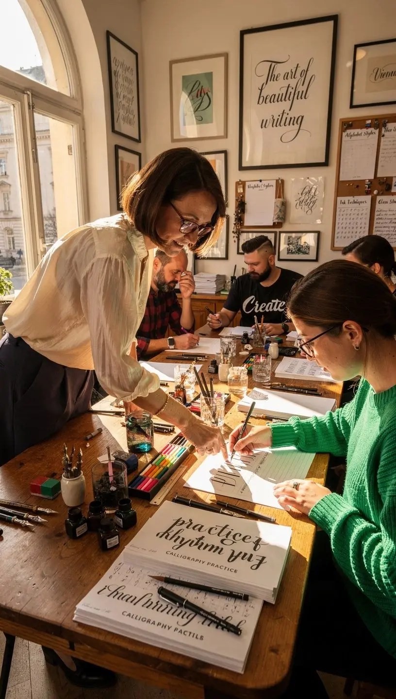 Ein Teilnehmer eines Kalligraphiekurses, der konzentriert an seiner Schriftübung arbeitet.