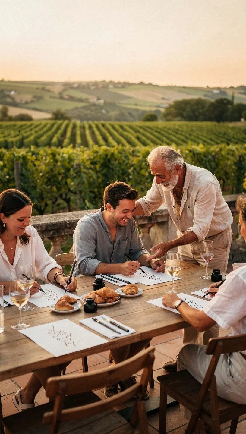 Eine Hand, die mit einem Pinselstift kunstvolle Buchstaben auf einem Aquarellhintergrund malt.