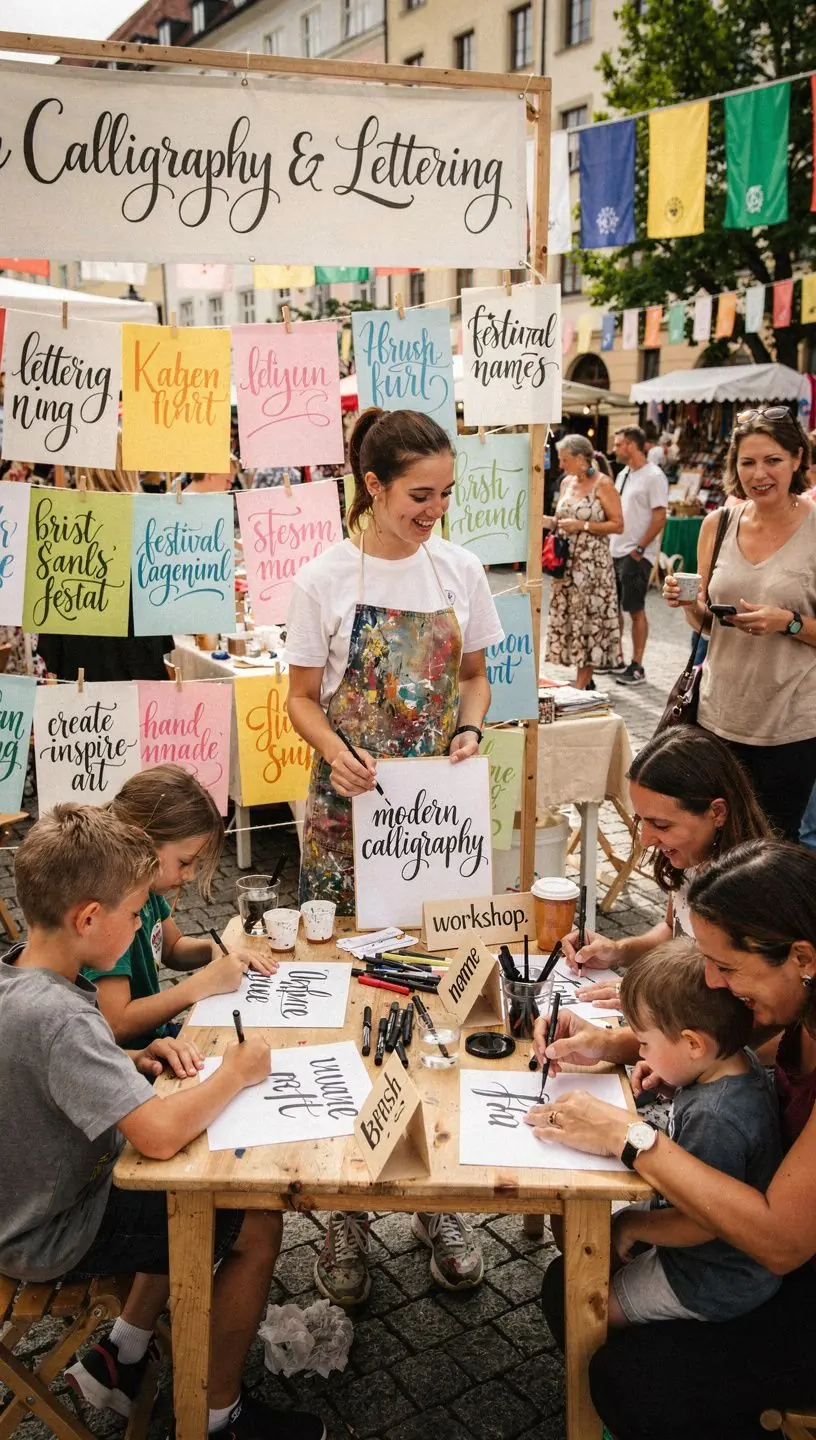 Eine Hand, die mit einem Pinselstift kunstvolle Buchstaben auf einem Aquarellhintergrund malt.