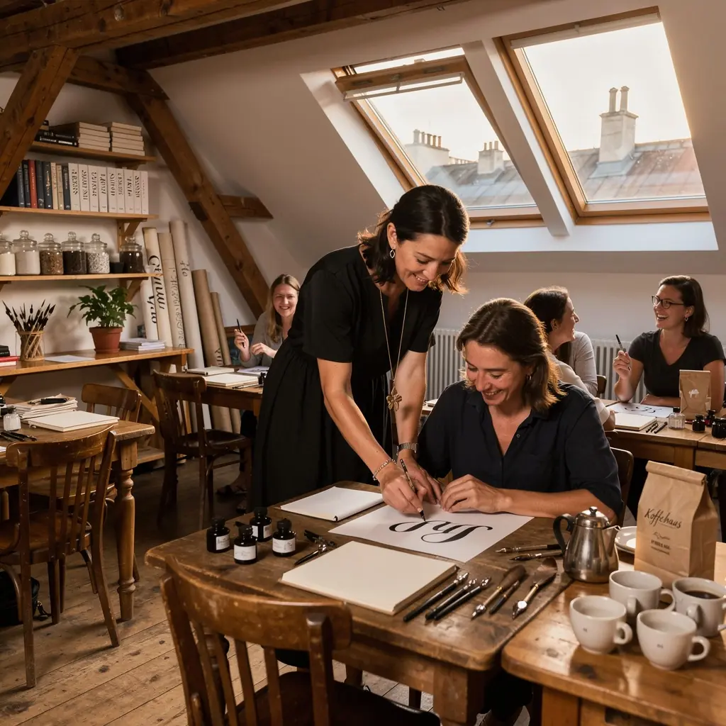 Eine Hand, die mit einem Pinselstift kunstvolle Buchstaben auf einem Aquarellhintergrund malt.