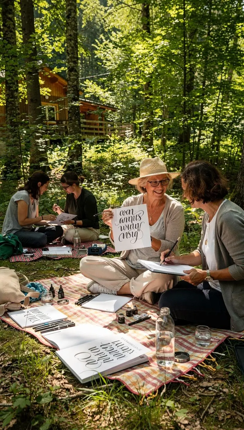 Eine Hand, die mit einem Pinselstift kunstvolle Buchstaben auf einem Aquarellhintergrund malt.