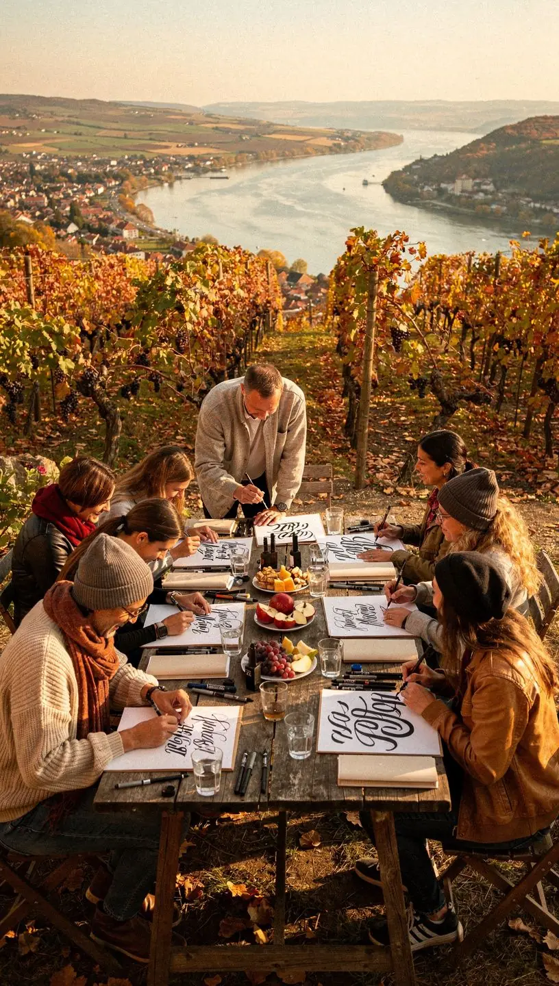 Ein geöffnetes Notizbuch mit Beispielseiten für moderne Kalligraphie und handgeschriebene Buchstaben.