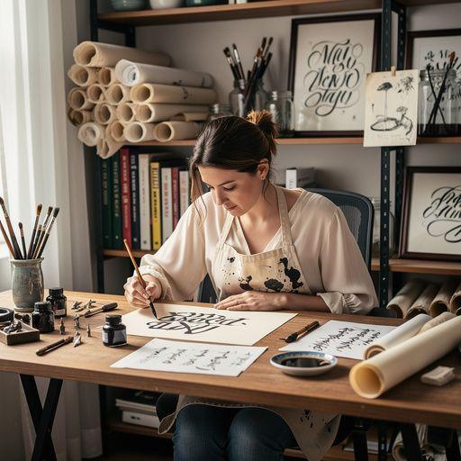 Eine Gruppe von Teilnehmern, die an einem Kalligrafiekurs arbeitet.