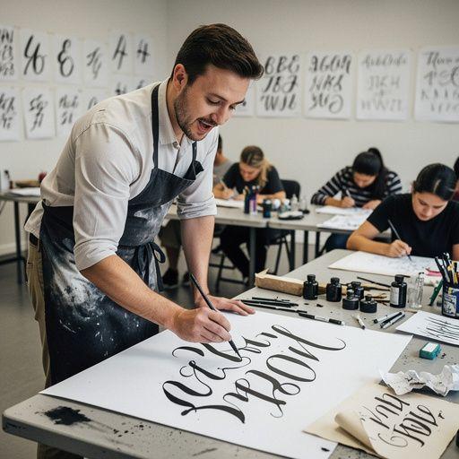 Farbenfrohe Tinte und Pinselstifte auf einem Schreibtisch arrangiert.